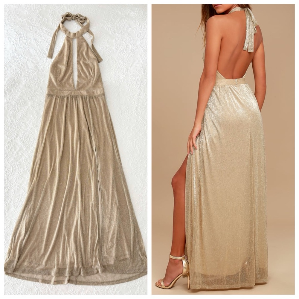 NWOT Lulus Be A Star Gold Halter Maxi Dress Large